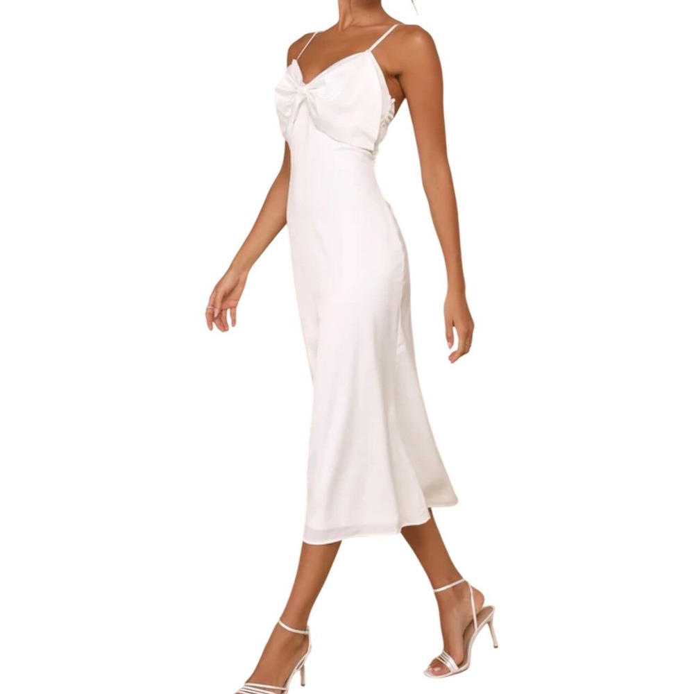 NWT Lulus Extravagantly Sleek White Satin Sleeveless Bow Midi Dress L Slip Bride